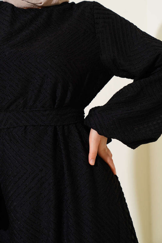 Embossed Ruffled Belted Dress, Black