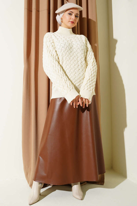 Embossed Bat Sleeve Knitted Sweater Ecru