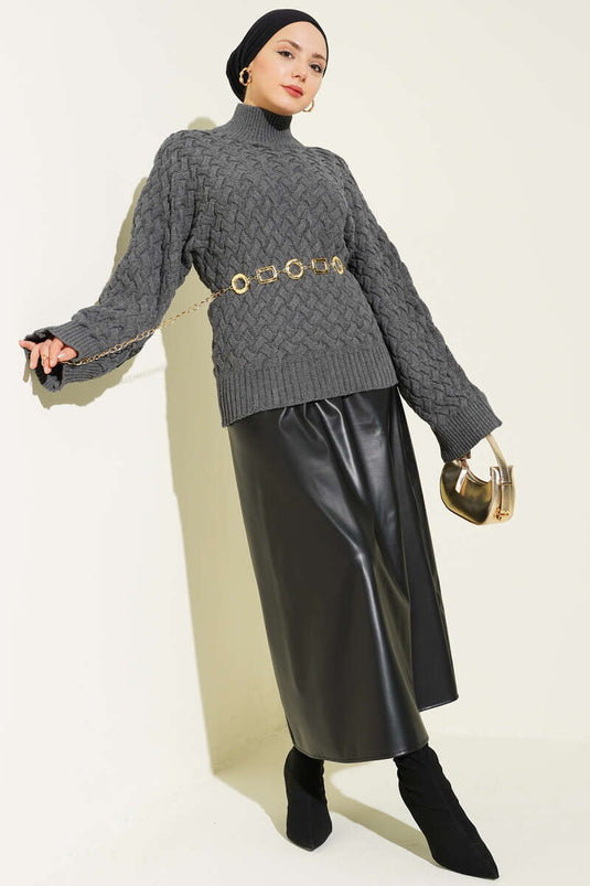 Embossed Bat Sleeve Knitted Sweater Smoke Gray