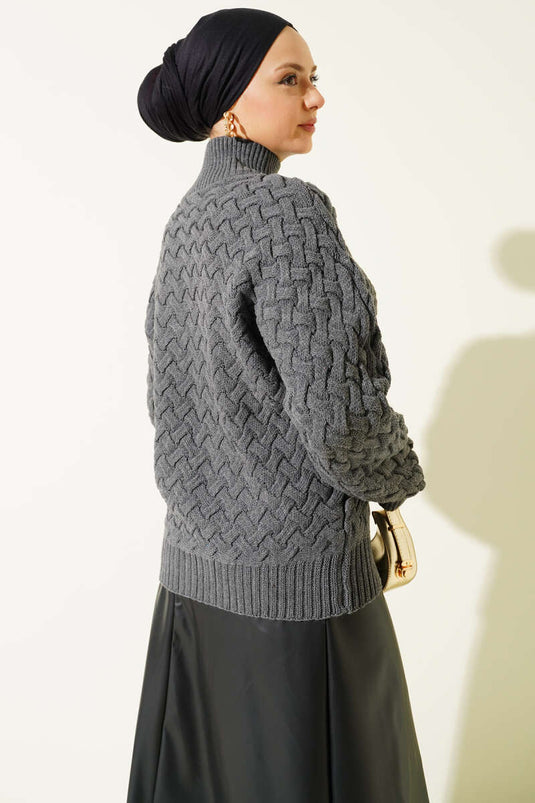 Embossed Bat Sleeve Knitted Sweater Smoke Gray