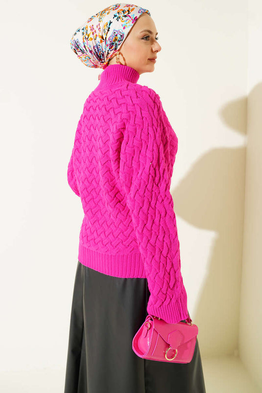 Embossed Bat Sleeve Knit Sweater Fuchsia