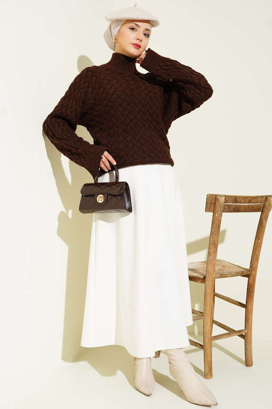 Embossed Bat Sleeve Knit Sweater Brown