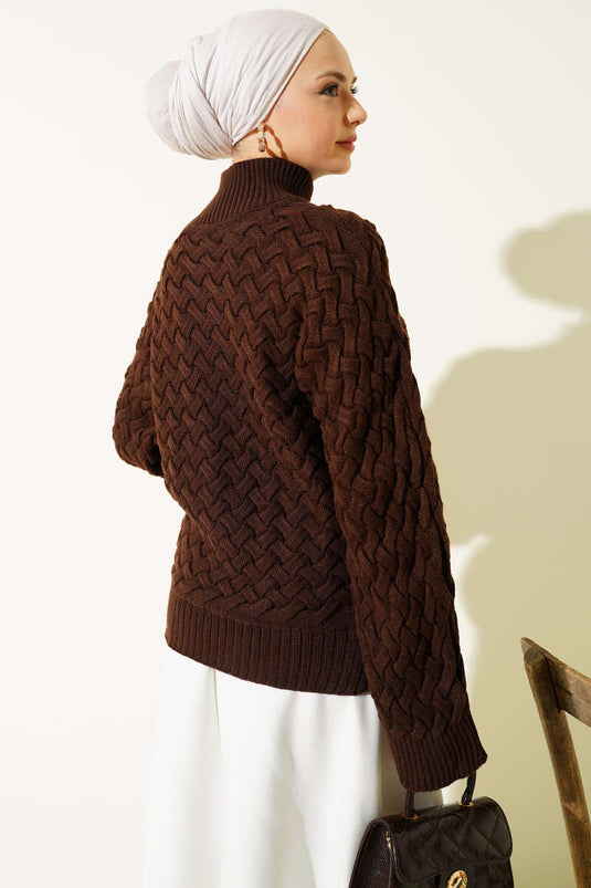 Embossed Bat Sleeve Knit Sweater Brown