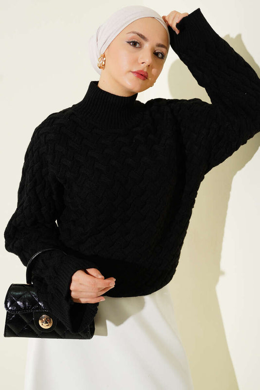 Pull en tricot à manches chauve-souris en relief noir