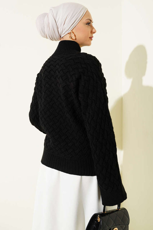 Embossed Batwing Sleeve Knitted Sweater Black