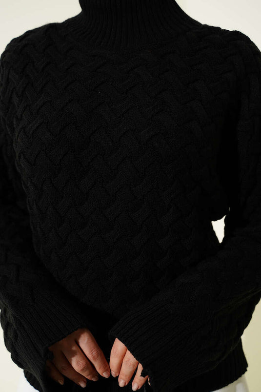 Pull en tricot à manches chauve-souris en relief noir