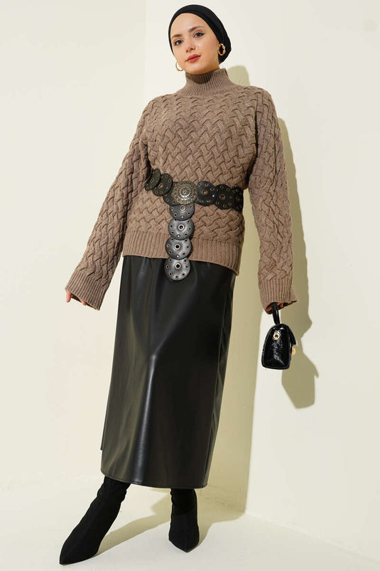 Embossed Batwing Sleeve Knit Sweater Mink