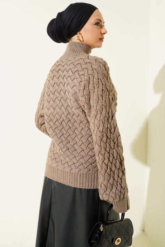 Embossed Batwing Sleeve Knit Sweater Mink