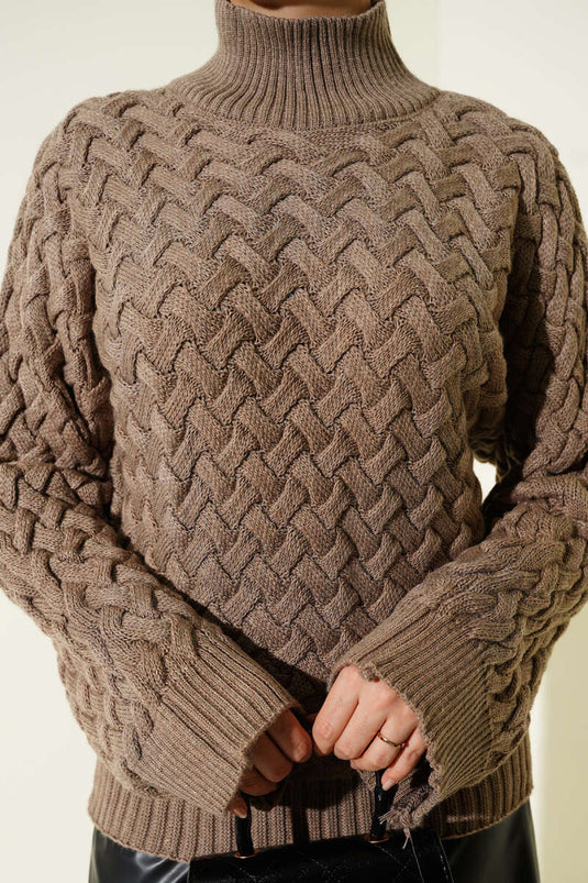 Kabartmalı Yarasa Kol Triko Kazak Vizon