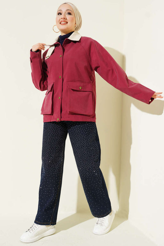 Kadife Gömlek Yaka Cepli Ceket Burgonya