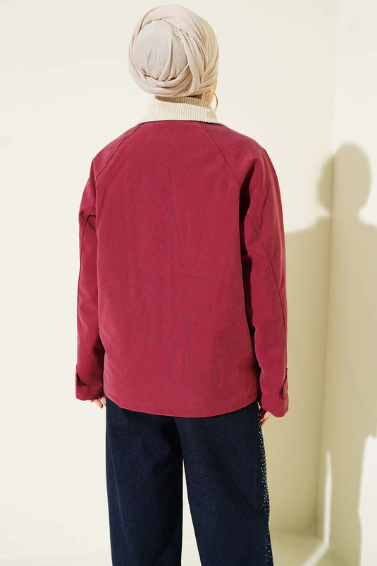 Kadife Gömlek Yaka Cepli Ceket Burgonya