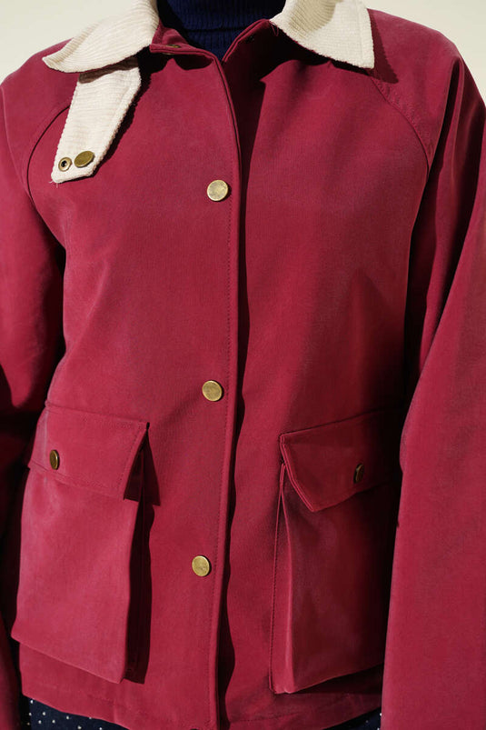 Kadife Gömlek Yaka Cepli Ceket Burgonya