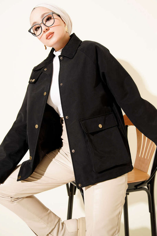 Kadife Gömlek Yaka Cepli Ceket Siyah