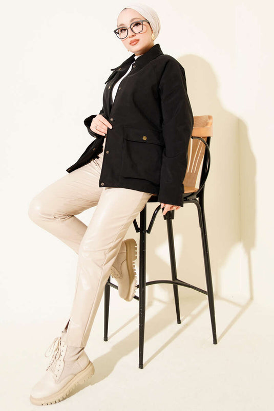 Kadife Gömlek Yaka Cepli Ceket Siyah