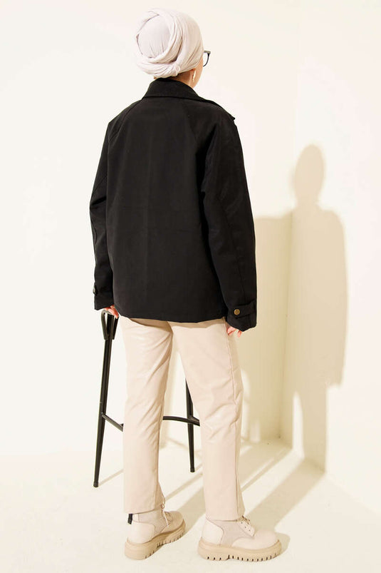 Kadife Gömlek Yaka Cepli Ceket Siyah