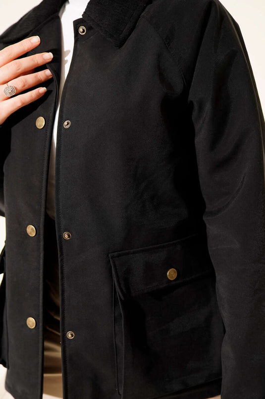 Kadife Gömlek Yaka Cepli Ceket Siyah