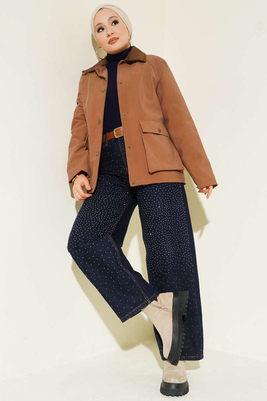 Kadife Gömlek Yaka Cepli Ceket Taba