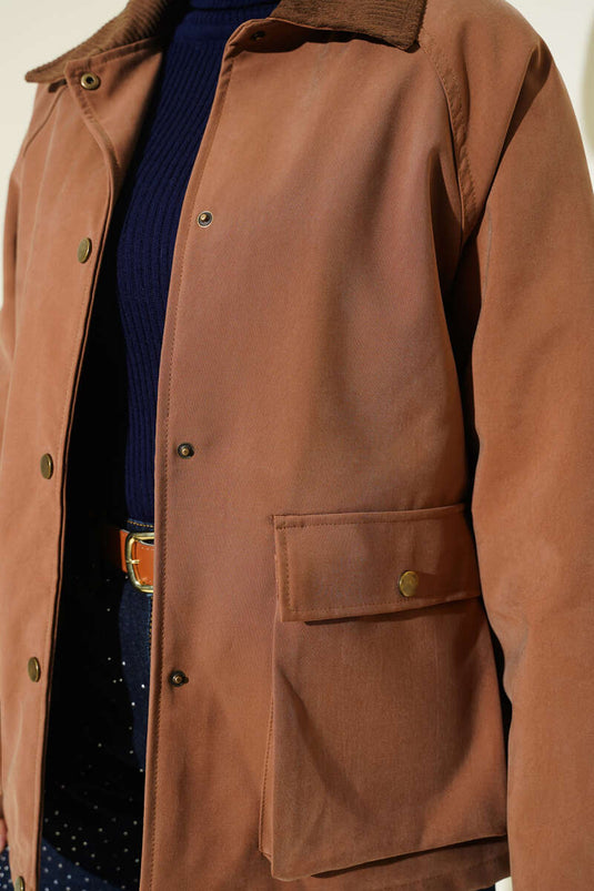 Kadife Gömlek Yaka Cepli Ceket Taba