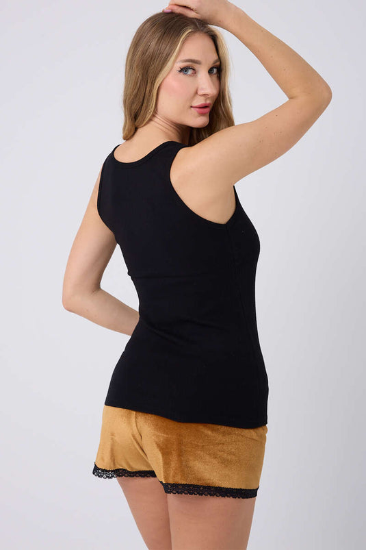 طقم بيجامة شورت مخملي أسود خردلي