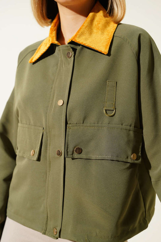 Velvet Collar Double Pocket Jacket Khaki