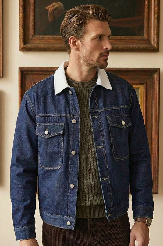 معطف جينز رجالي بياقة مخملية كحلي