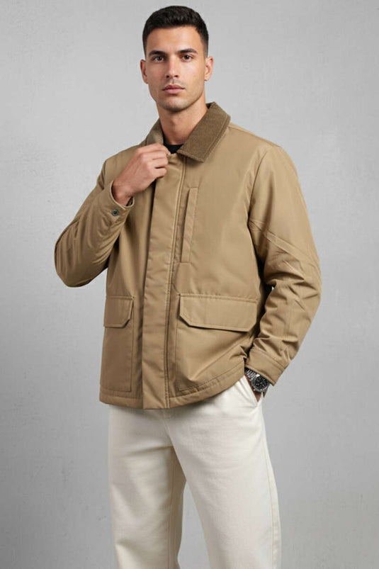 جاكيت رجالي بسحاب وياقة مخملية، لون جملي