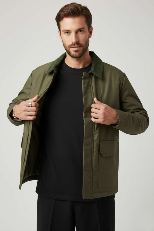 Velvet Collar Zip-Up Men's Jacket, Khaki