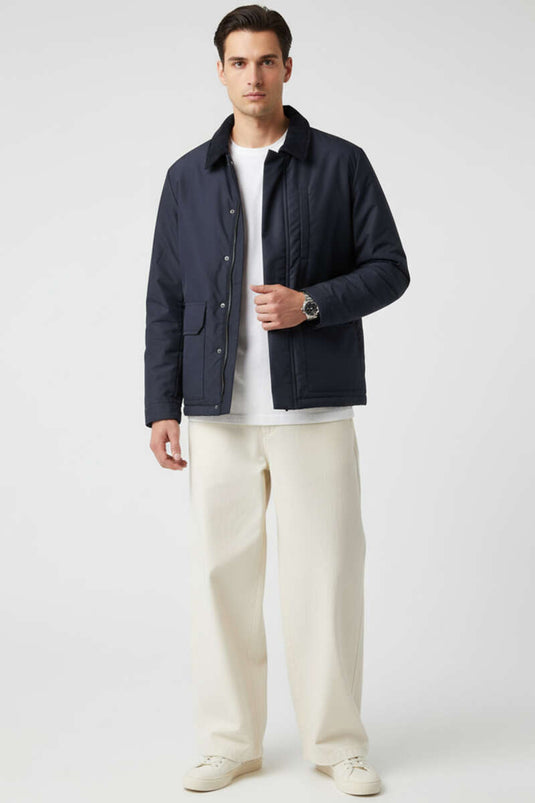 Velvet Collar Zip-Up Men's Jacket, Navy Blue