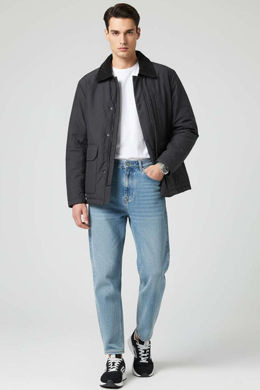 جاكيت رجالي أسود بياقة مخملية وسحاب أمامي