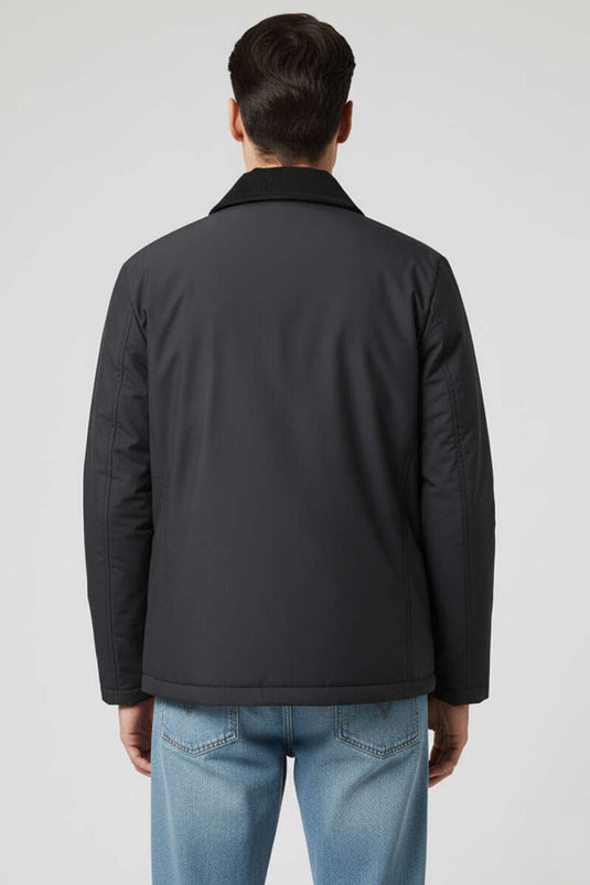 جاكيت رجالي أسود بياقة مخملية وسحاب أمامي