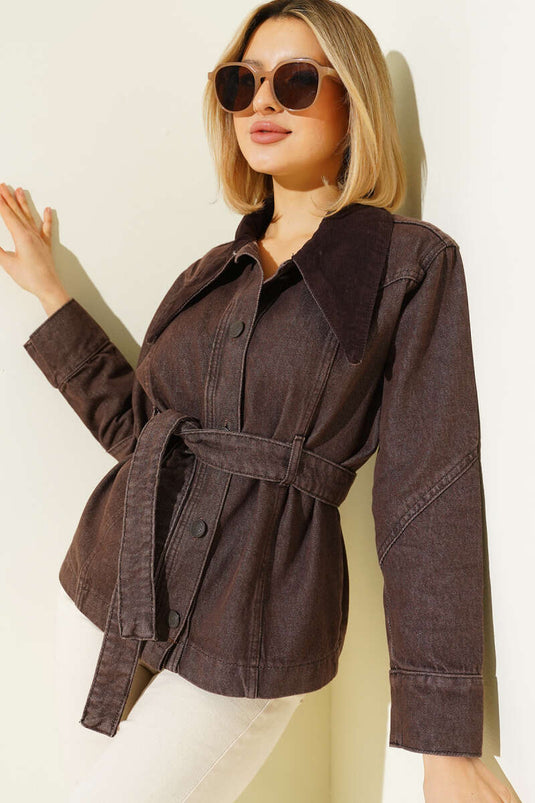 Velvet Collar Belted Short Denim Jacket Brown