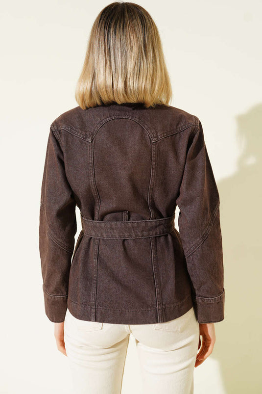 Velvet Collar Belted Short Denim Jacket Brown