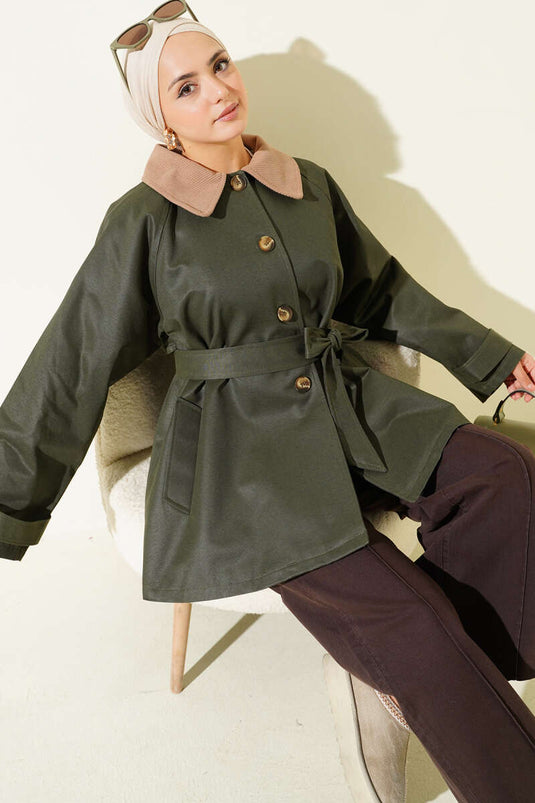 Trench con collo in velluto e cintura color cachi