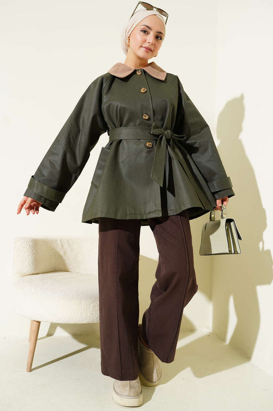 Trench-coat kaki à col en velours et ceinture