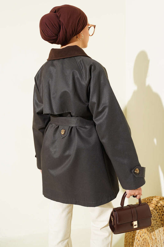 Trench-coat marron à col en velours et ceinture