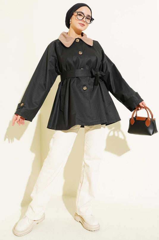 Trench-coat noir à col en velours et ceinture