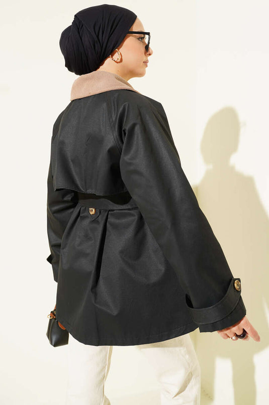 Trench-coat noir à col en velours et ceinture