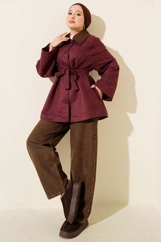 Velvet Collar Suede Belted Jacket Plum