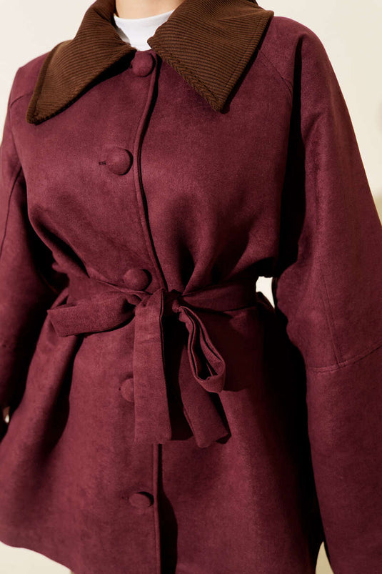 Veste prune en daim à col en velours et ceinture