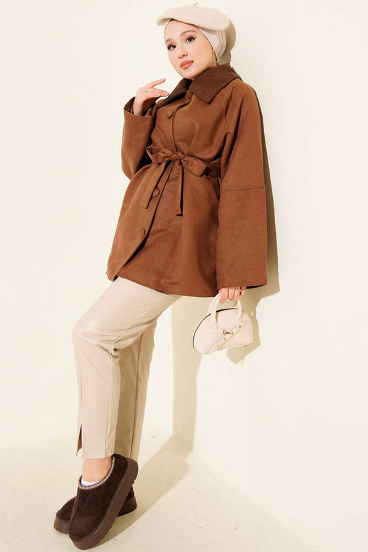 Velvet Collar Suede Belted Jacket Tan