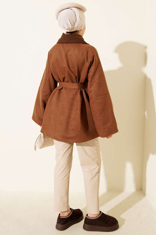 Velvet Collar Suede Belted Jacket Tan