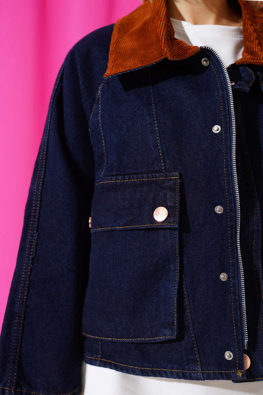 Velvet Collar Short Denim Jacket Navy Blue