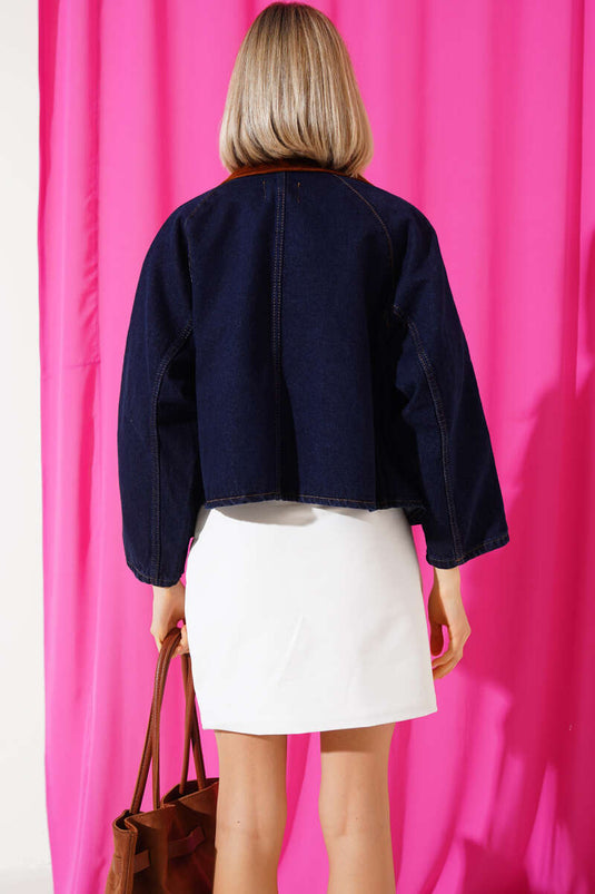 Veste en jean courte bleu marine à col en velours