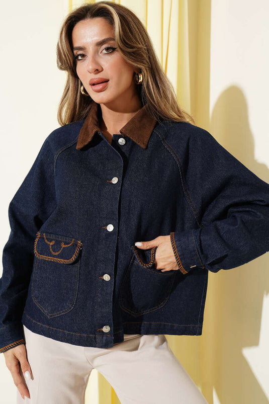 Velvet Collar Embroidered Jacket Navy