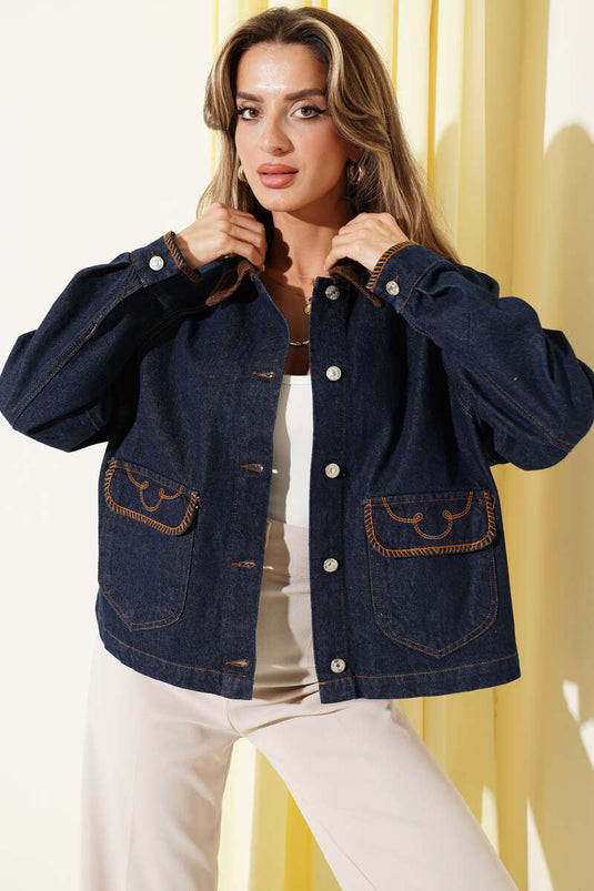 Velvet Collar Embroidered Jacket Navy