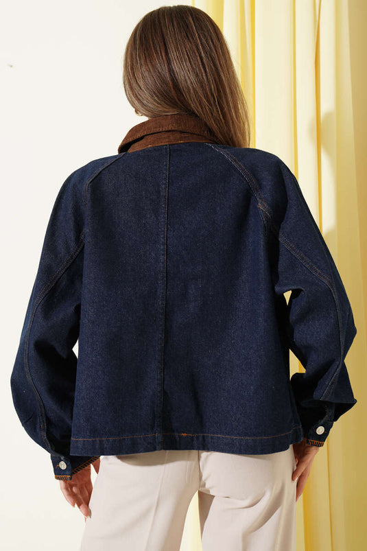 Velvet Collar Embroidered Jacket Navy