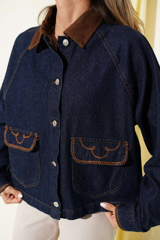 Velvet Collar Embroidered Jacket Navy
