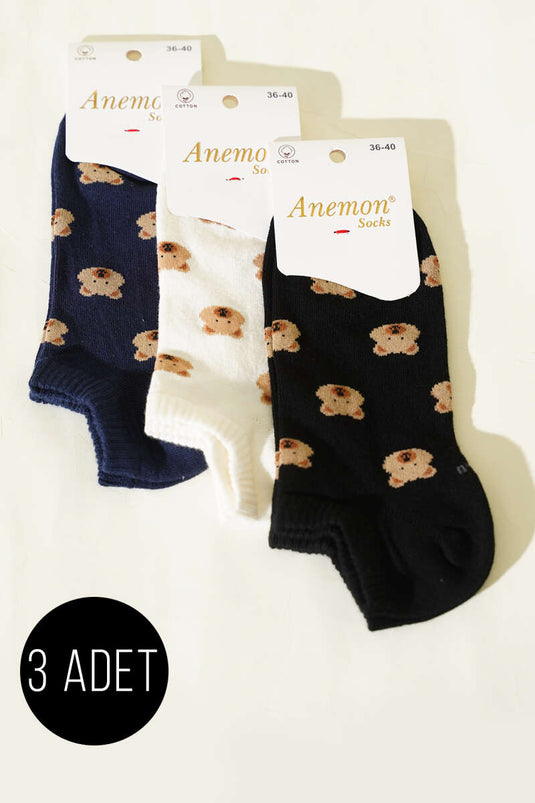 Women's Set of 3 Patterned Cotton Knit Foot Socks Assorted 6