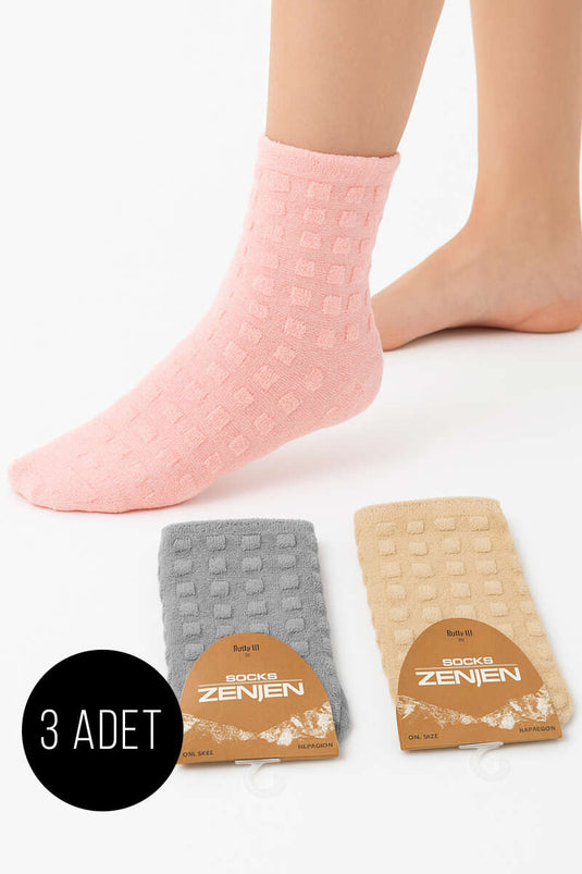 Kadın 3'lü Kare Desen Havlu Patik Çorap Asorti 2