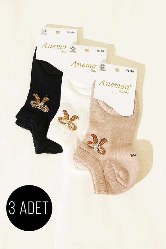 Women's 3-Piece Mini Stone-Detail Ankle Socks Assorted 21